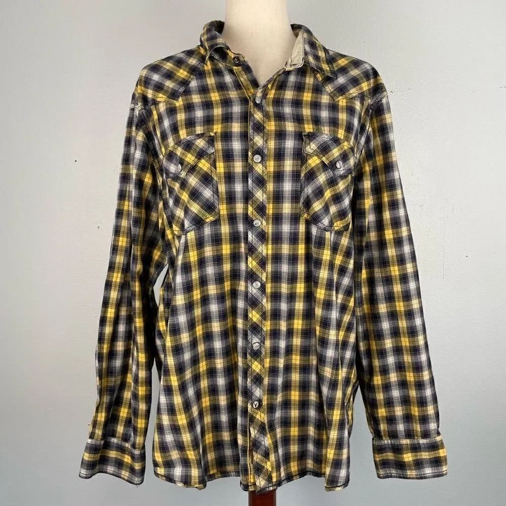 Roebuck & Co. Men's Yellow and Black Plaid Shirt Size XL EUC